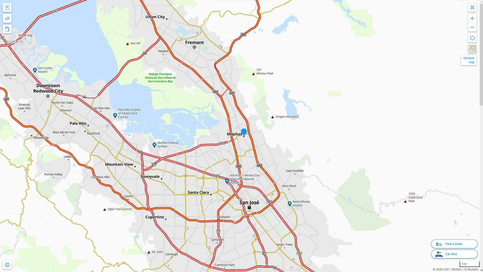 Milpitas California Highway and Road Map